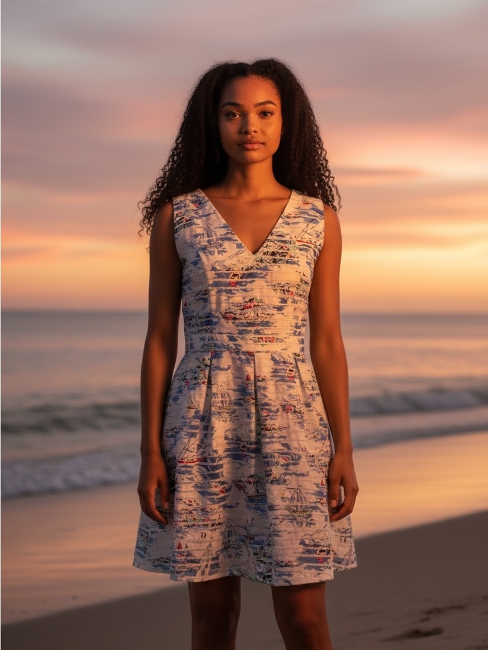 Coastal Nautical Sailboat Print Sleeveless Fit & Flare Dress Beach Resort Summer